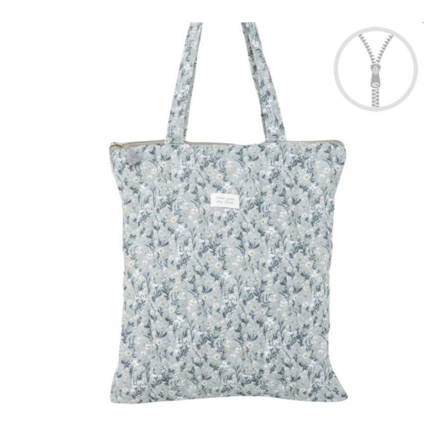 Bolsa Algodón Cremallera Flores Verde