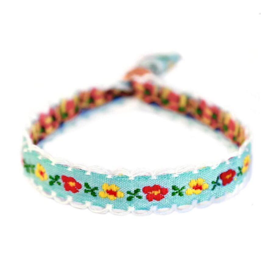 Pulsera Tejida Flor De Algodón Azul
