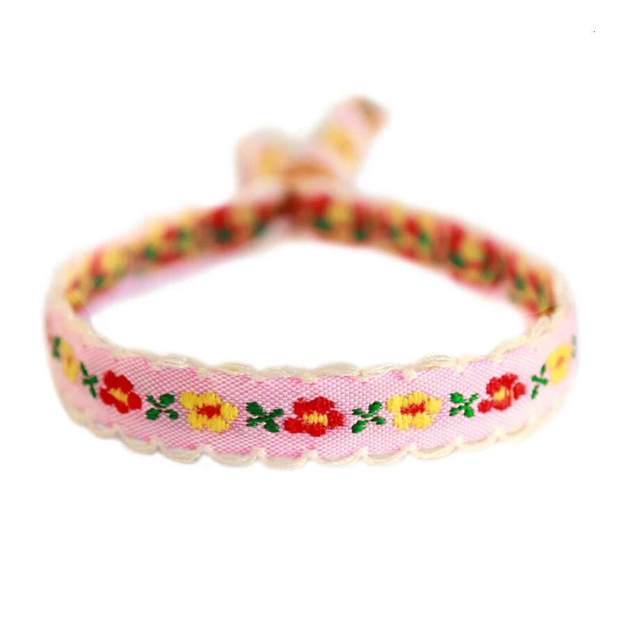 Pulsera Tejida Flor De Algodón Rosa